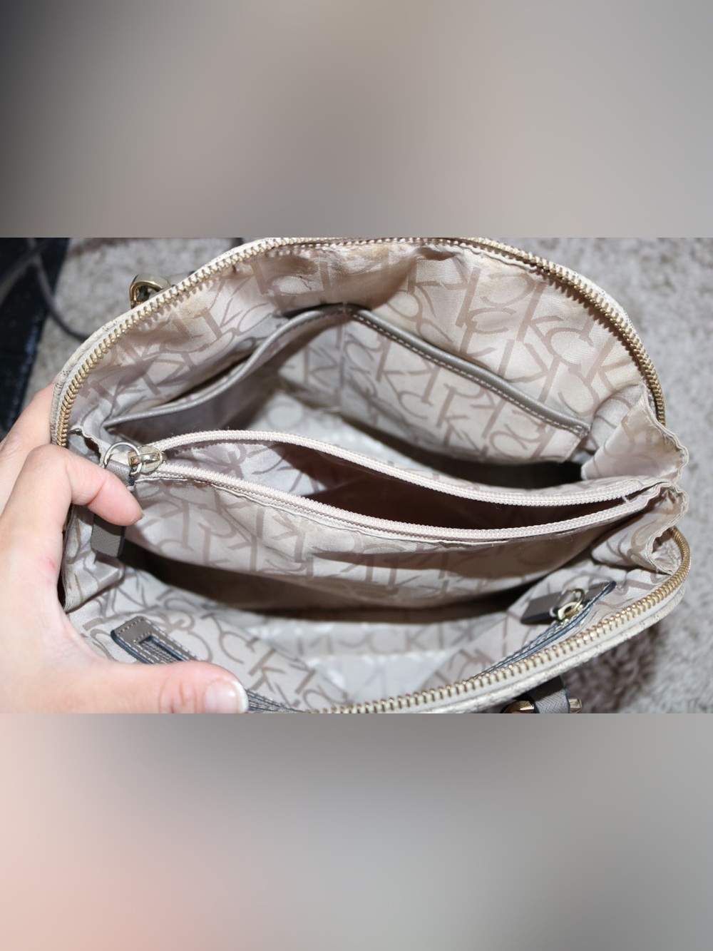 Calvin Klein Monogram Dome Satchel Crossbody Purse - Beige Taupe - Picture 12 of 16